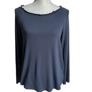 Gibson Sweater Top Womens Small Navy Blue Ruffled Edge Raglan Pullover Neutral